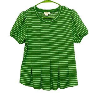 Anthropologie Maeve Corset Peplum‎ Knit Top Green Striped Puff Sleeve S Coquette